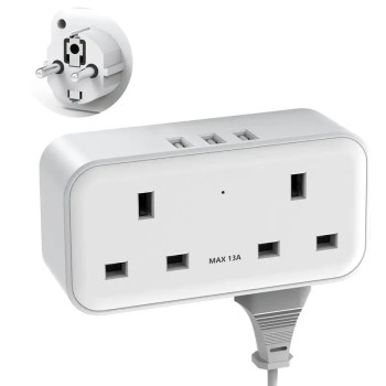 UK to European Travel Adapter with Dual Type-G Sockets, USB Ports, Type-A and Type-C Plugs, Surge Protection