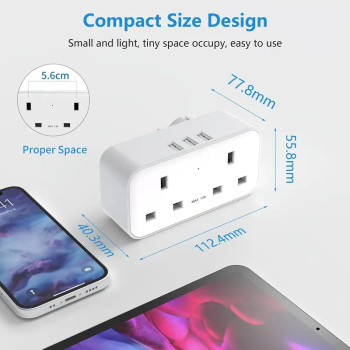 UK to European Travel Adapter with Dual Type-G Sockets, USB Ports, Type-A and Type-C Plugs, Surge Protection