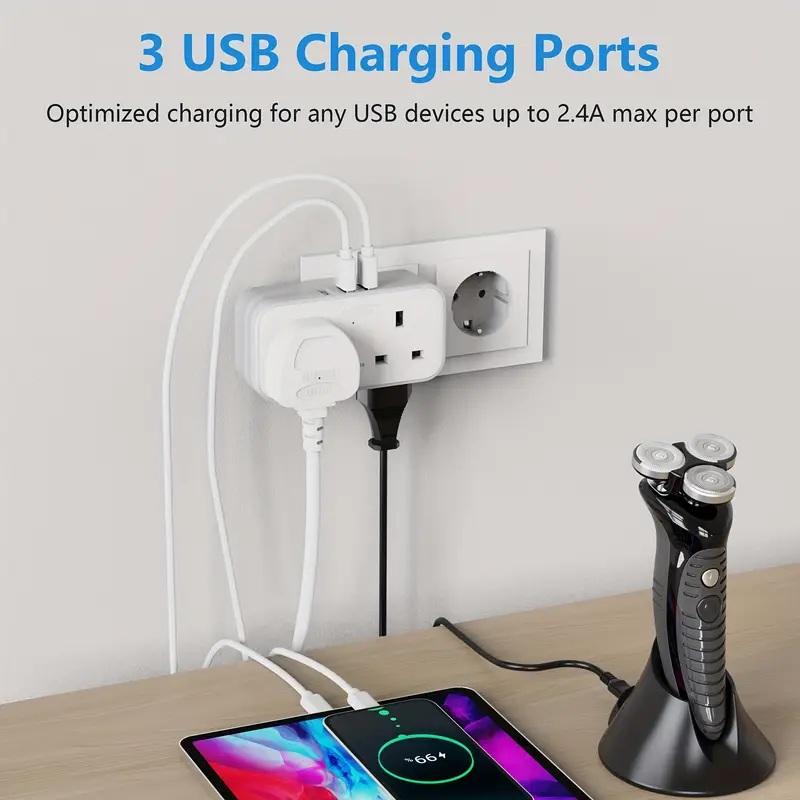 UK to EU Travel Adapter with Dual UK Sockets & 3 USB Ports UK to EU Travel Adapter with Dual UK Sockets & 3 USB Ports