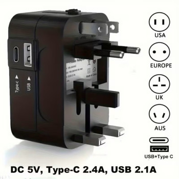 Universal Travel Adapter with USB & Type-C – All-in-One Worldwide Plug Adaptor for UK, EU, USA & Australia