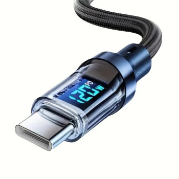 120W Super Fast Charging USB-C Cable – Real-Time Power Display | High-Quality Nylon Braided, Durable and Tangle-Free