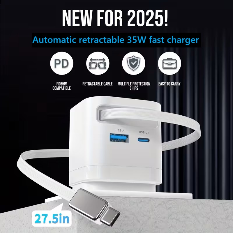35W USB C GaN Fast Charger with Retractable Cable 35W USB C GaN Fast Charger with Retractable Cable