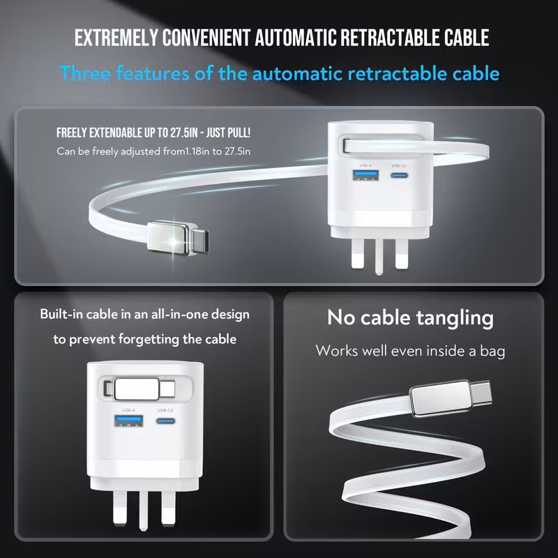 35W USB C GaN Fast Charger with Retractable Cable 35W USB C GaN Fast Charger with Retractable Cable
