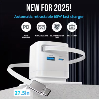 65W USB C GaN Fast Charger with Retractable Type C Cable UK Plug