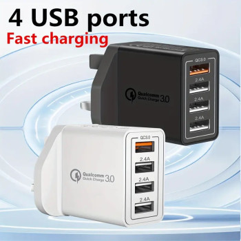 UK Plug 4-Port USB Fast Charger – Quick Charge 3.0 Wall Adapter | Multi USB Power Hub for iPhone, Android, Cameras and More