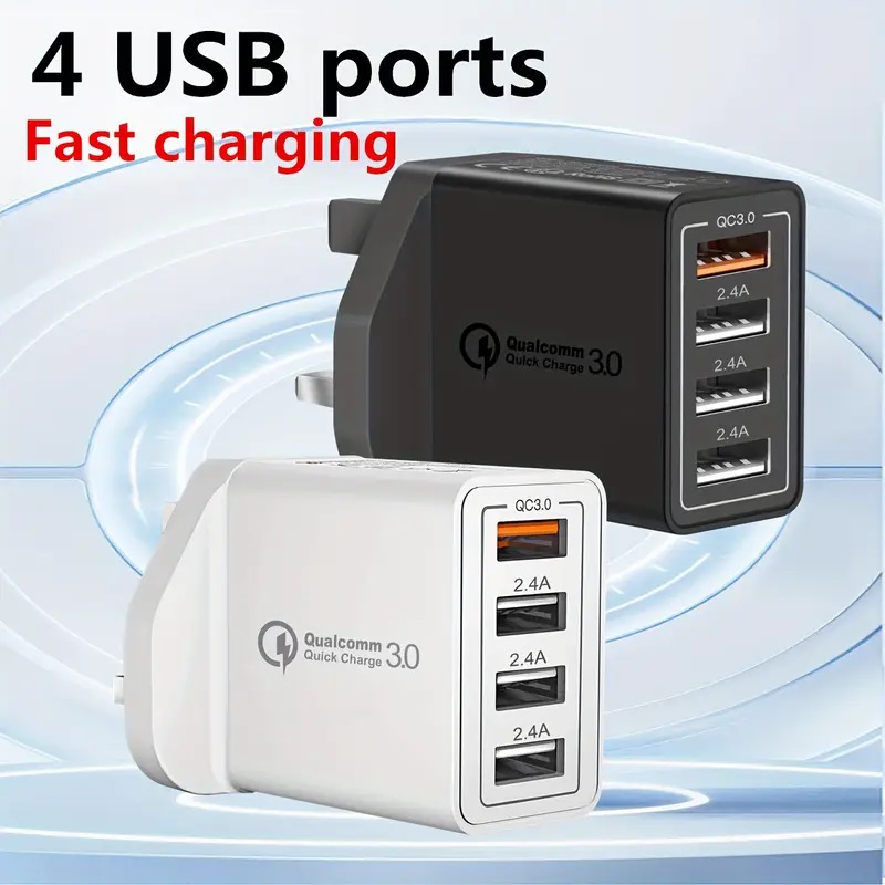 4-Port USB Quick Charge 3.0 Fast Charger Plug with UK Plug 4-Port USB Quick Charge 3.0 Fast Charger Plug with UK Plug