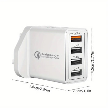 UK Plug 4-Port USB Fast Charger – Quick Charge 3.0 Wall Adapter | Multi USB Power Hub for iPhone, Android, Cameras and More