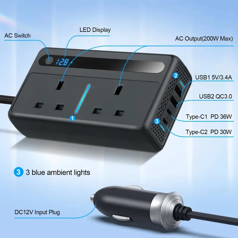 200W Car Power Inverter with Dual AC Sockets & USB Fast Charging