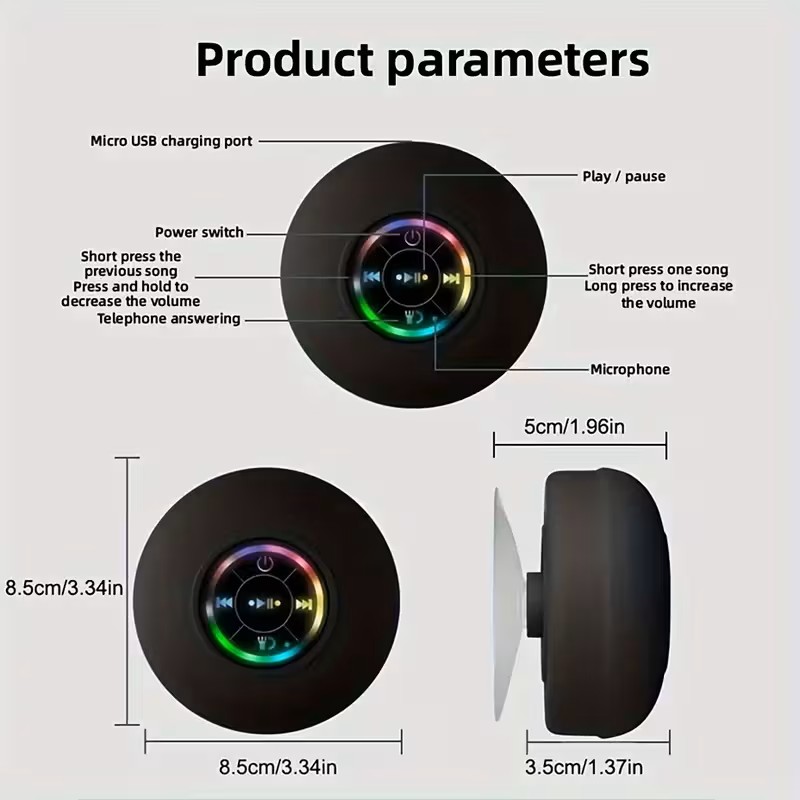 Portable Wireless Bathroom Speaker with RGB Light and Suction Cup Portable Wireless Bathroom Speaker with RGB Light and Suction Cup
