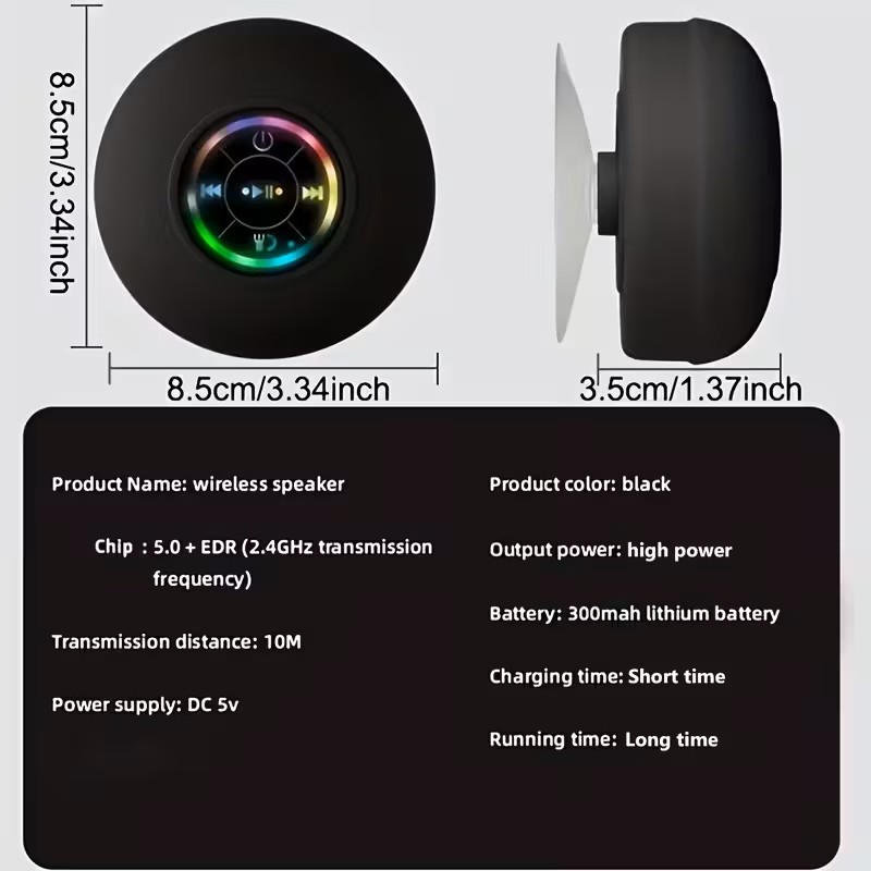 Portable Wireless Bathroom Speaker with RGB Light and Suction Cup Portable Wireless Bathroom Speaker with RGB Light and Suction Cup